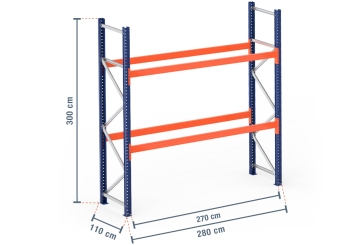 2,8 m pallet rack PR4500 / 110 cm deep / 3 m high / 2 levels for 9 euro pallets 