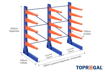 3,3 m cantilever rack KR6000 / Painted / One-sided / 5 m high / 150 cm cantilever depth / 5 levels 